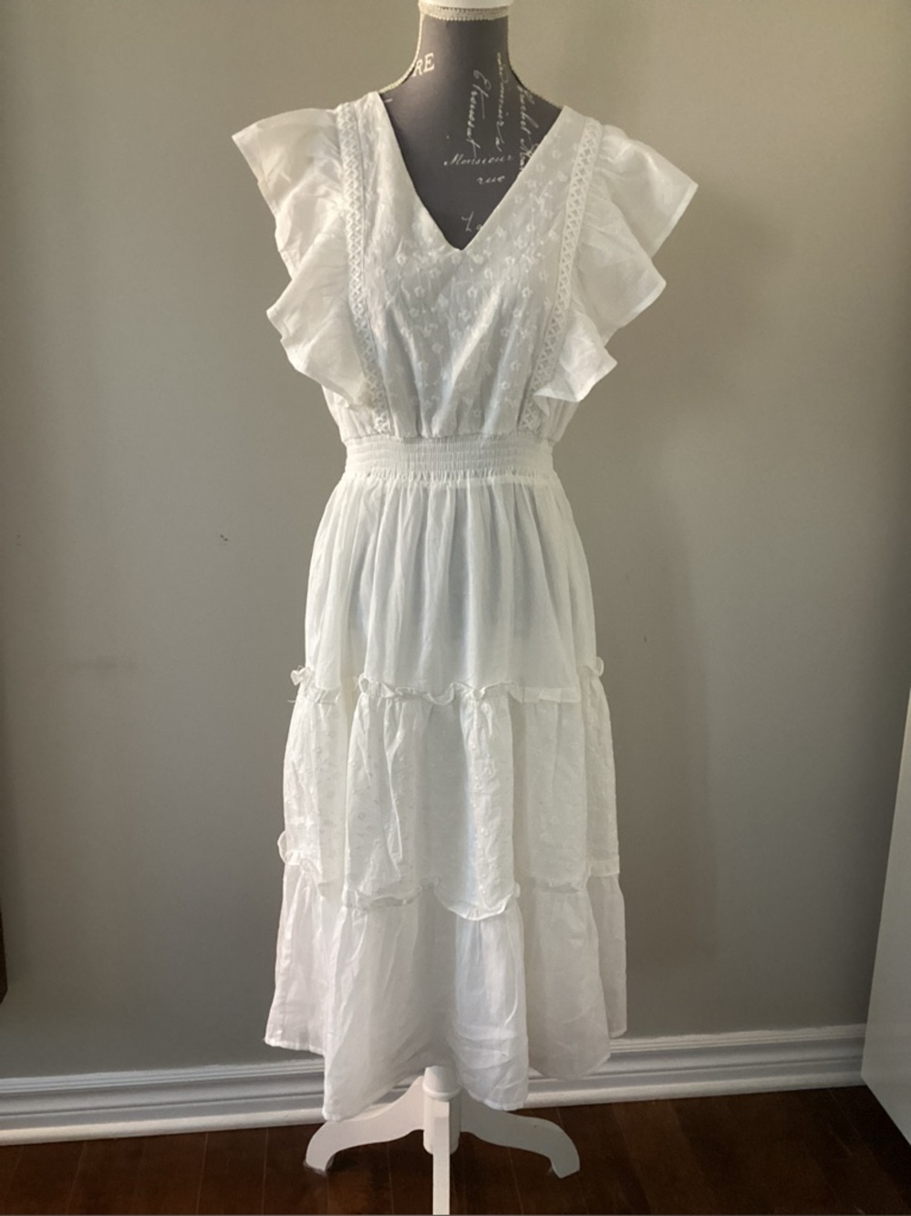 Smocked Waist White Maxi Dress with Flutter Sleeves